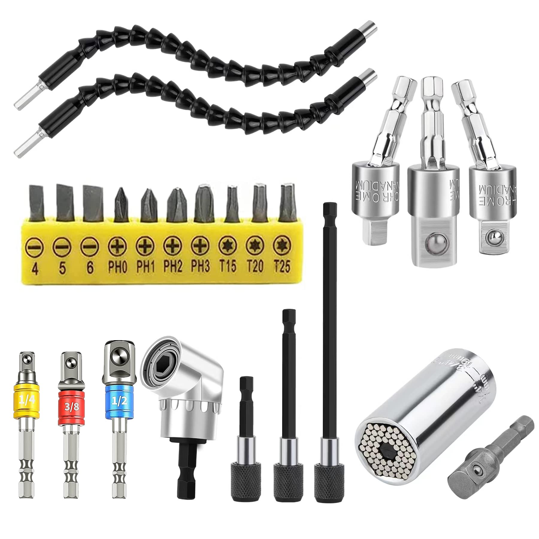 HUTHUHNHN Flexible Bit Holder Extension, Flexible Shaft Bits Drill Set Extension 105° Angle Wrench Attachment Adapter, Angle Screwdriver Drill Bits, Magnetic Screwdriver Drill Bits
