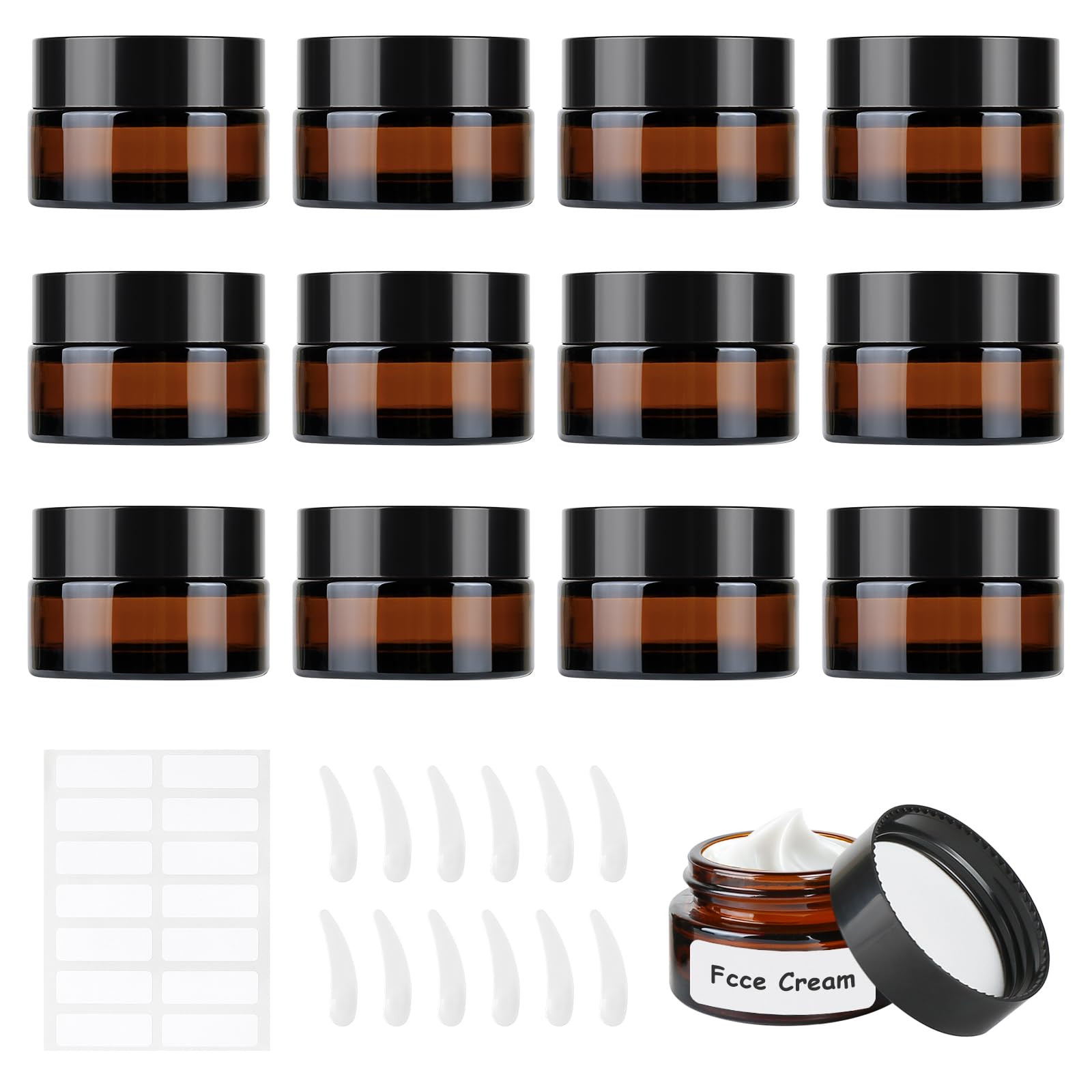 MirraSwit 12 Pcs Brown Glass Jars 20ml, Glass Cosmetic Jars with Label Stickers, Scraping Spoons, Travel Pots with Lids for Cosmetics, Lotion, Creams
