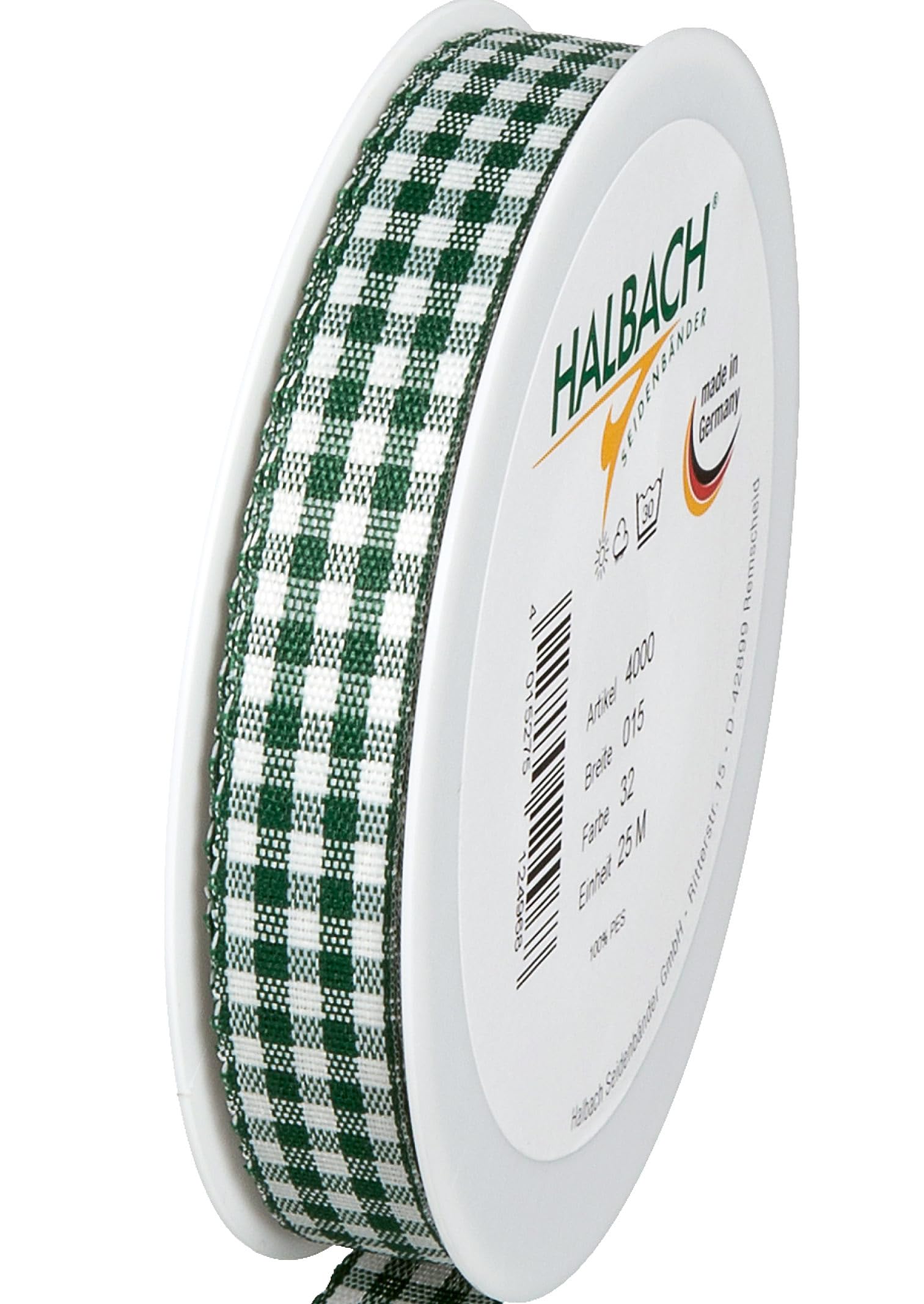 Halbach Seidenbänder Premium Vichy Checked Gift Ribbon (Dark Green) Width 15 mm Length 25 m Checked Ribbon Made in Germany — image 1
