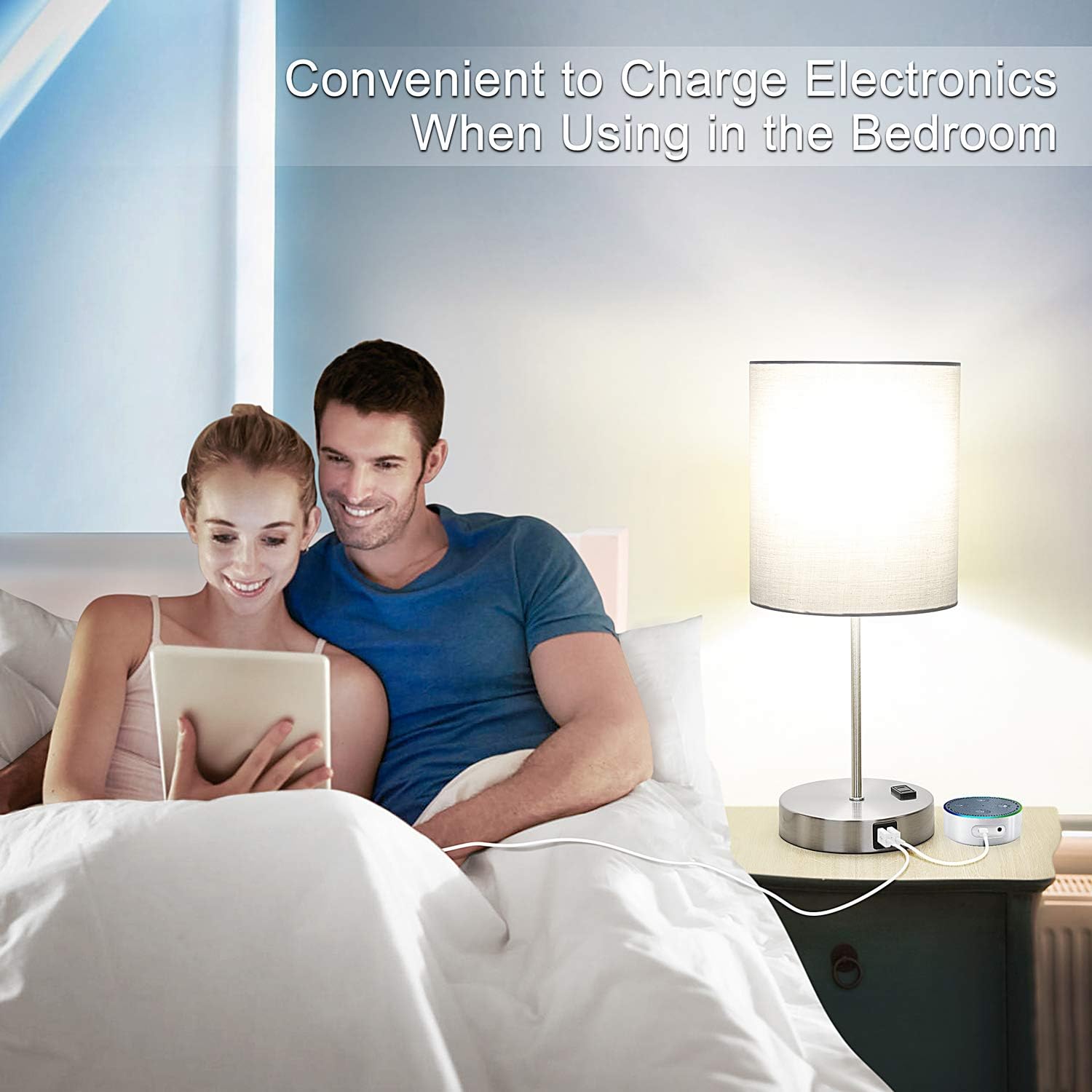 Touch Control Table Lamp, 3 Way Dimmable Bedside Desk Lamp with 2 Fast USB Charging Ports and AC Outlet, Nightstand Lamp for Bedroom Living Room, Modern Office Lamp, Silver Base, 60W LED Bulb Included: Home Improvement