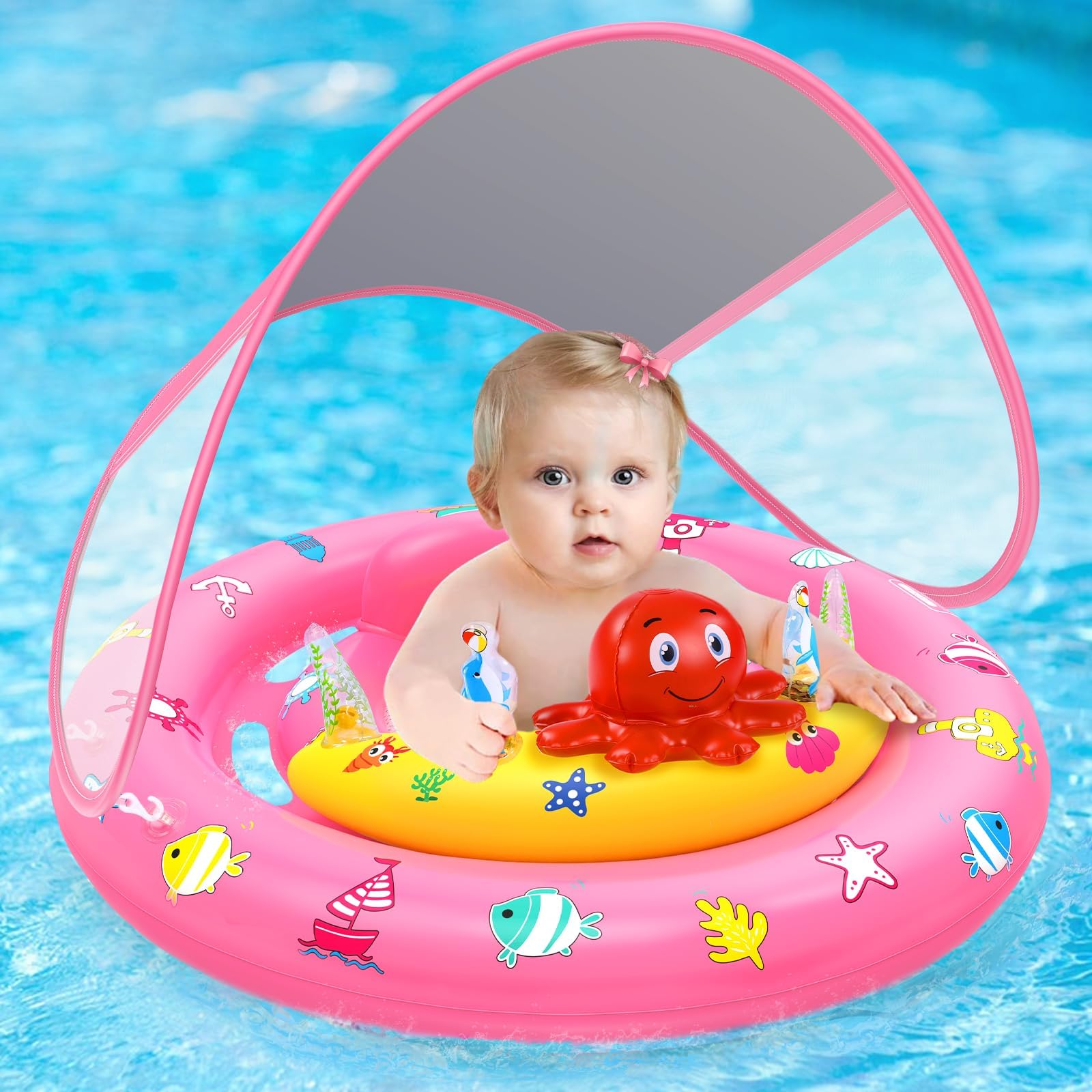 Photo 1 of Baby Pool Float with Canopy, Inflatable Baby Swim Float with UPF50+ Sun Protection, Toddler Infant Pool Float with Toy Play Console Adjustable Safety Seat for Kids Girls Boys Aged 6-36 Months