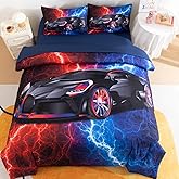Podol 5 Pieces Race Car Comforter Set Full Size Red and Blue Sports Car Bedding Sets for Boy Tie Dye Lightnings Bed in a Bag with 1 Comforter, 2 Pillowcases, 1 Flat Sheet and 1 Fitted Sheet