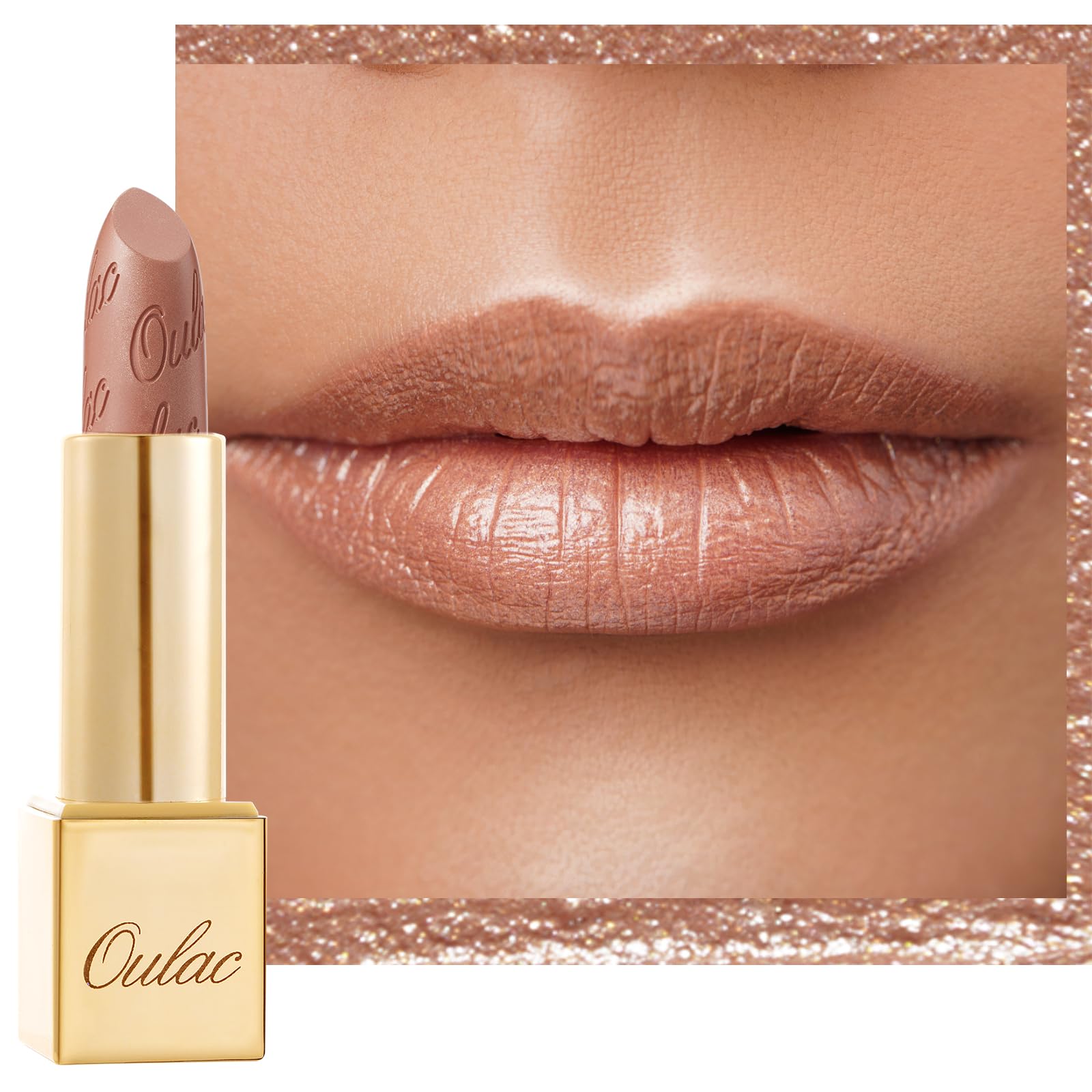 OULAC Metallic Shine Glitter Lipstick, Nude High Impact Lipcolor, Lightweight Soft and Ultra Hydrating, Long Lasting, Vegan & Cruelty-Free, Full-Coverage Lip Color 4.3 g/0.15 Sahara Gold(10)