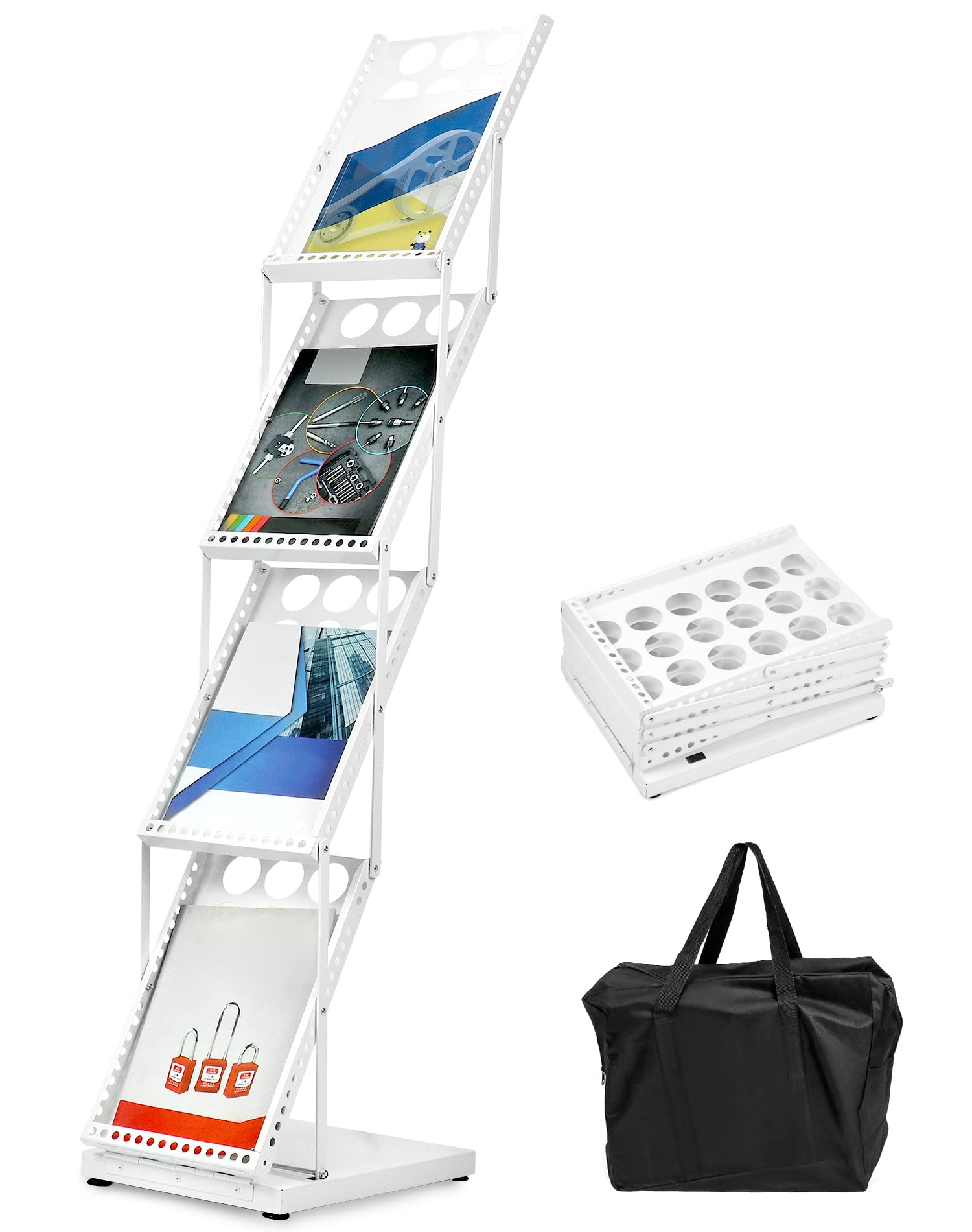 Photo 1 of QWORK Foldable Brochure Display Stand, Magazine Brochure Display Rack Stand, 4 Pocket Literature CatalogTradeshow Display Stand, for Office Store and Exhibition Trade Show (White)