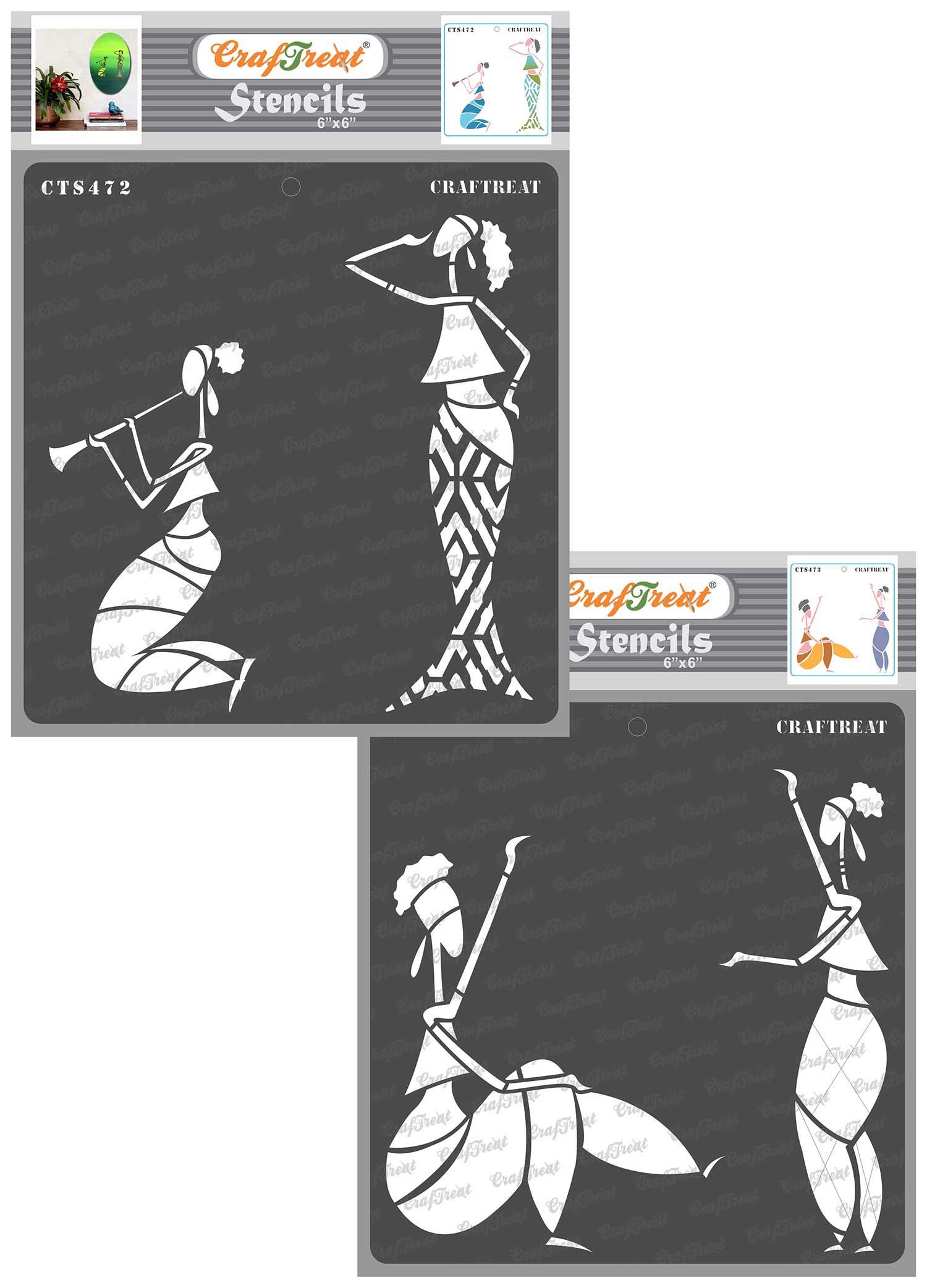 CrafTreat African Tribal Stencils for Crafts Reusable Vintage - Enjoying Music and Holding Clock (2Pcs) - Size:6X6 Inches- Tribal Pattern Stencil for Furniture Painting - African Stencils for Painting