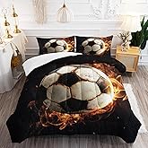 XYNHML Soccer Print Comforter 3Pcs Queen Gaming Sport Flame Soccer Bedding Set for Kid Teen Girl Boy Adult Room Decor Ball Sports Games White Black Football Quilt with 1 Comforter and 2 Pillowcases