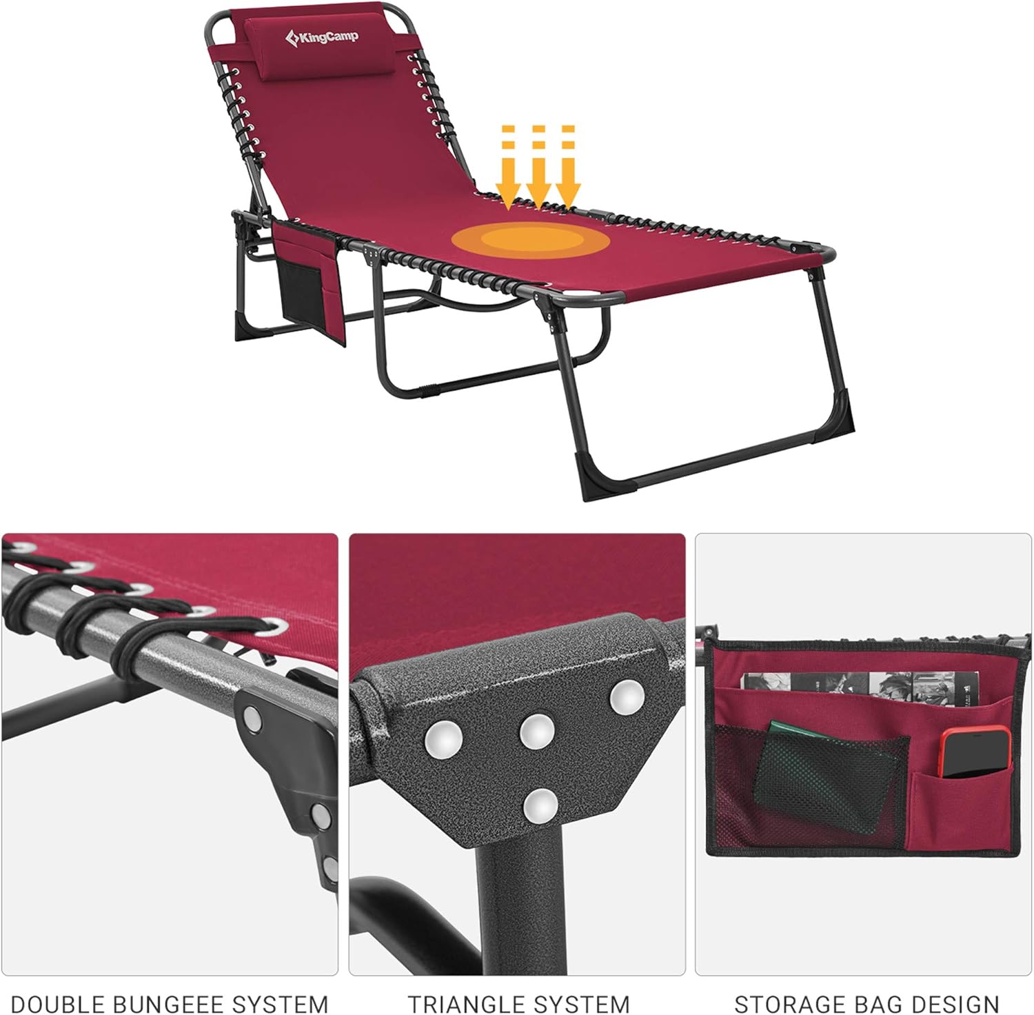 KingCamp Adjustable 4-Position Outdoor Chaise Lounge Chair Heavy Duty Camping Recliner Folding Cot with Pillow Pocket for Patio Garden Yard Lawn Sunbathing Beach Pool, Supports 265lbs: Sports & Outdoors
