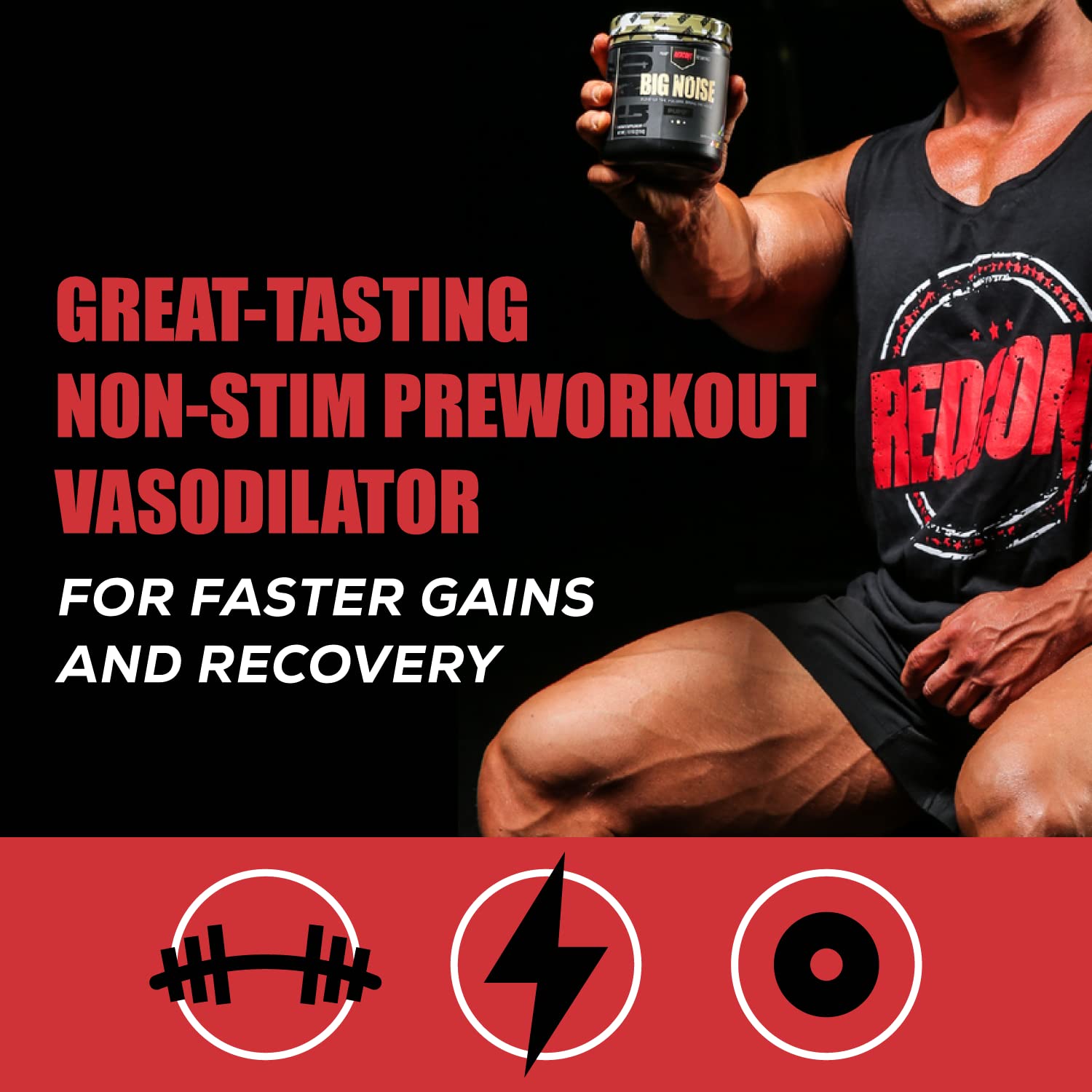 REDCON1 Big Noise Non-Stim Pre Workout - Pump, Muscular Endurance + Focus Enhancing Caffeine Free Pre Workout Powder - Keto Friendly Workout Powder for Faster Gains (Tiger's Blood, 30 Servings)