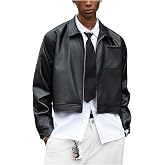 BEAUDRM Men's Faux Leather Jacket Long Sleeve Zip Up Collared Crop Biker Motorcycle Lightweight Coat Outerwear