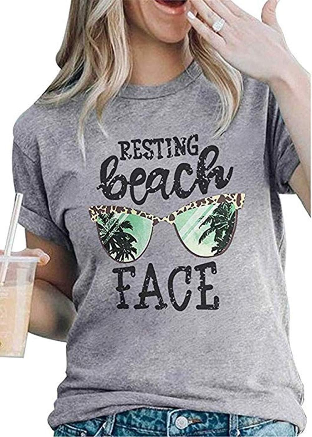 Resting Beach Face T-Shirt Women Funny Leopard Sunglasses Graphic Tees Top Short Sleeve Vacation Tops Shirt