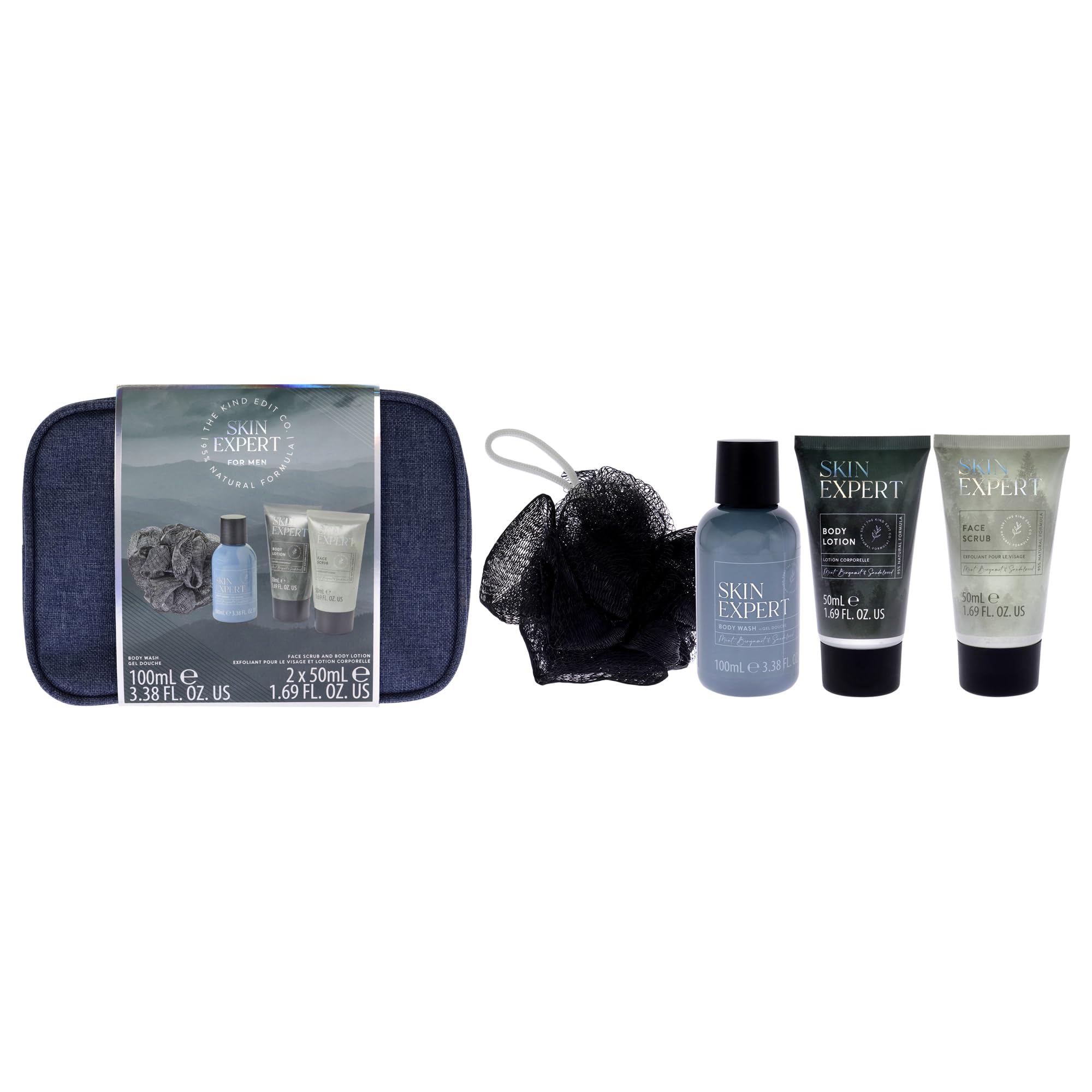 Skin Expert Travellers Bag by The Kind Edit Co for Men - 5 Pc 3.38oz Body Wash, 1.69oz Body Lotion, 1.69oz Face Scrub, Travel Bag, Sponge