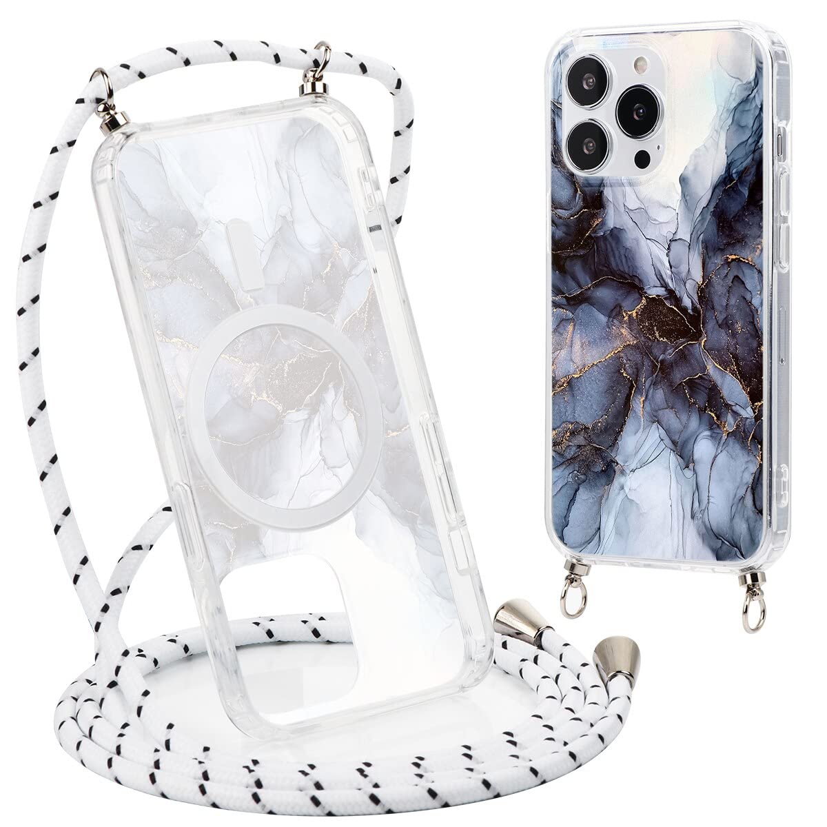 Yoedge Crossbody Lanyard Case for iPhone SE 2022/SE 2020/8/7 4.7", Magnetic Case Compatible with MagSafe, Transparent Slim PC + TPU Silicone Protective Shockproof Bumper Cover for iPhone SE 3,Marble 2