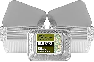 PARTY BARGAINS 5 Lb. Aluminum Foil Pans with Lids - 50 Count Set with Board Lids, 9 x 7 Inches Oblong Pan Food Container for Hot and Cold Use (Max 240°C)