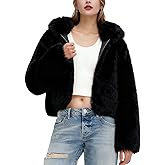 Flygo Womens Faux Fur Coat Cropped Fluffy Hooded Winter Jackets Zip Up Open Front Fuzzy Short Shaggy Warm Coats with Pockets