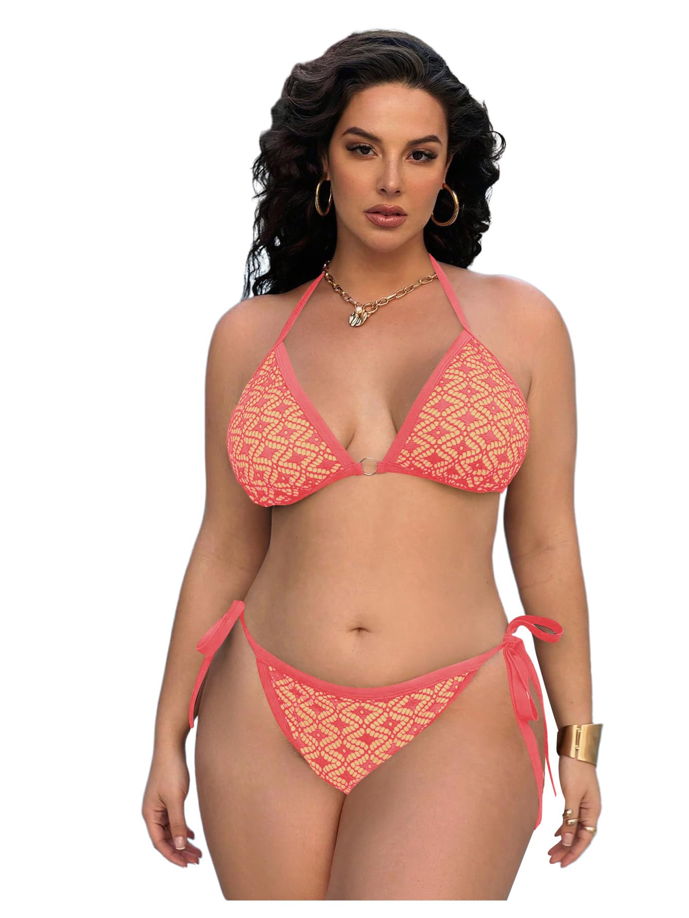 Photo 1 of RoseSeek Women Plus Size Thong Bikini Sets String Two Piece Halter Swimsuits with Tie Side Bottom Orange X-Large Plus