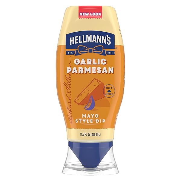 HELLMANN’S GARLIC PARMESAN CHICKEN TENDER MAYONNAISE STYLE DIP GARLIC PARMESAN DELICIOUS FLAVOR NO ARTIFICIAL FLAVORS 11.5 FL OZ