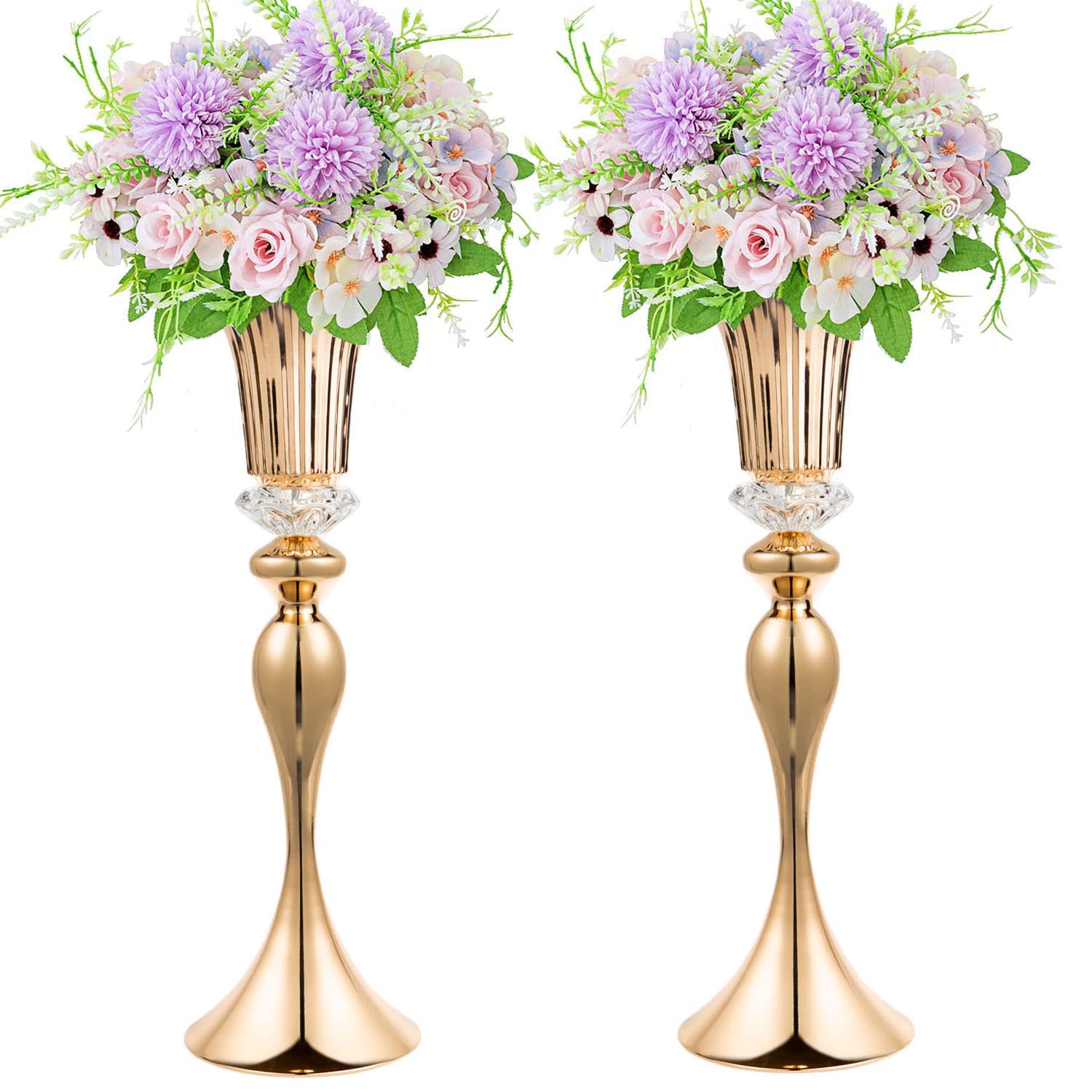 Photo 1 of 22in Gold Vases for Centerpieces, 2Pcs Metal Tall Trumpet Vases Wedding Reception Centerpieces, Crystal Flower Vase for Table Wedding Party Event Home Decor