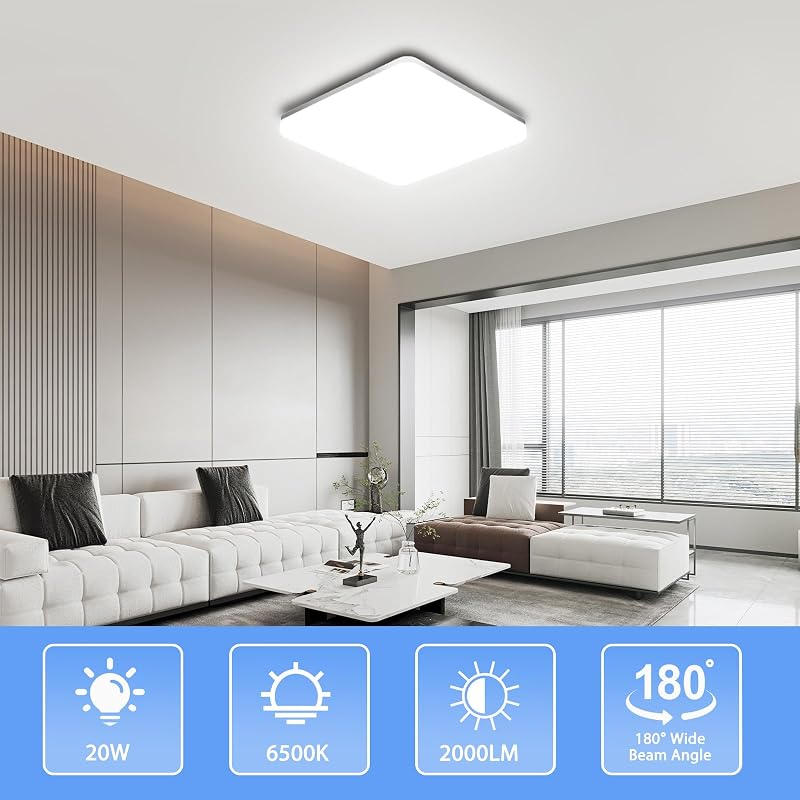 OUILA LED Lâmpada de teto, 20W 2000LM 6500K Lâmpadas de teto, IP44 Cold White Square Ultra fino LED luz de teto para sala de estar banheiro varanda quarto corredor cozinha