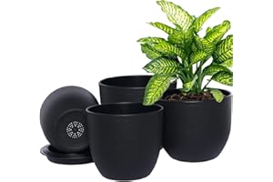 UOUZ 10/9/8/6.3 inch Plant Pots, Modern Plastic Planters Planting Pots with Multi Drainage Holes and Saucers for Indoor Outdoor Plants Flowers, Black