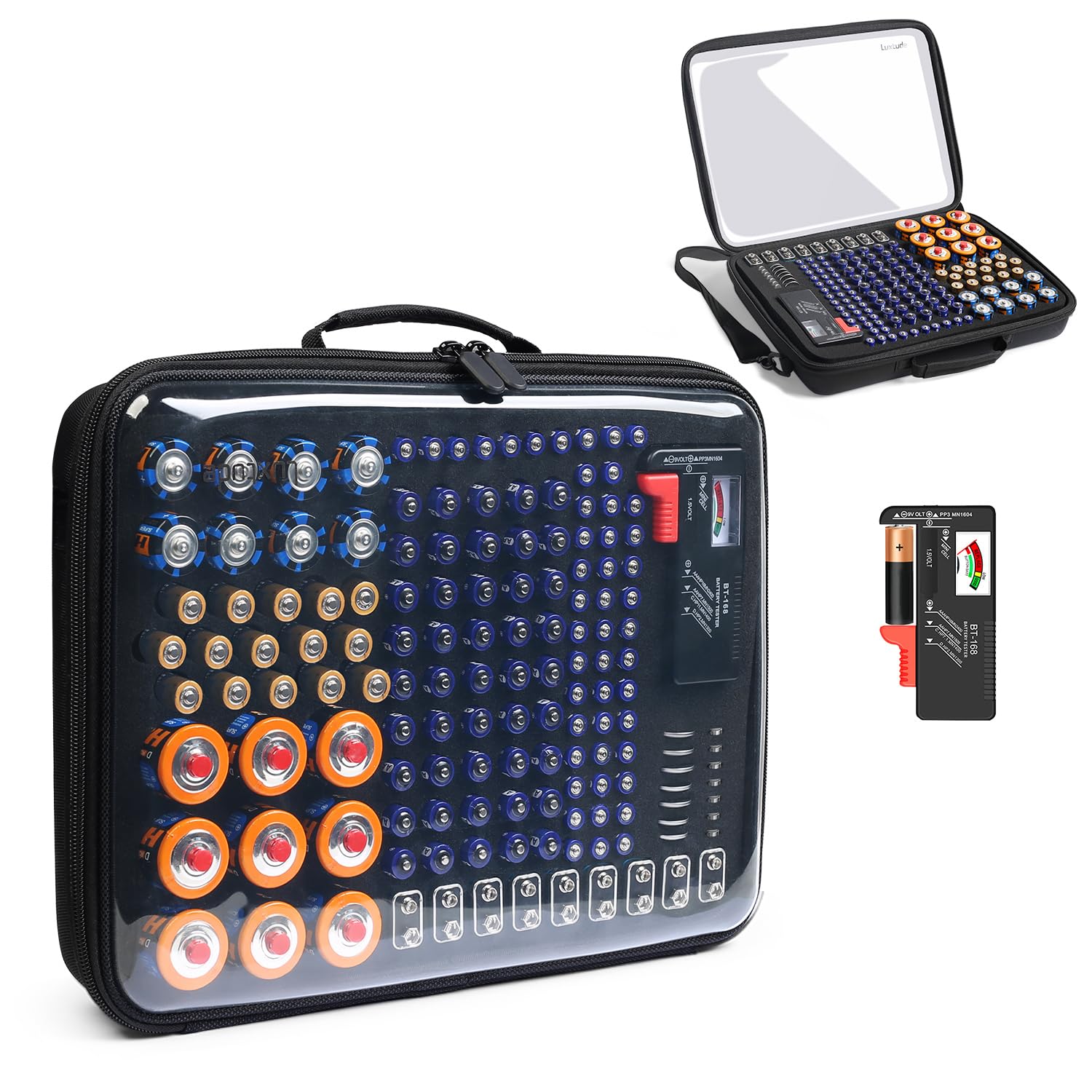 Photo 1 of **LID DAMAGED (CRACKED) **Luxtude Battery Organizer Storage Case with Tester, Clear Battery Storage Organizers Holds, Hard Batteries Holder Organizers, Portable Batteries Case Organizer (Black Large)