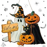 Barydat Halloween Decor Ghost Door Wreath Black Cat Welcome Front Door Sign | Wooden Hanging Plaque, Spooky Pumpkin Boo, Farmhouse Fall Decoration, for Home Office Wall, Party Supplies, Indoor Outdoor