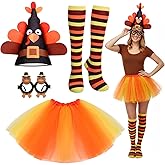 Chicingyou 4 Pcs Thanksgiving Turkey Trot Costumes Set for Women Felt Hat Tutus Knee High Socks Turkey Sunglasses for Cosplay