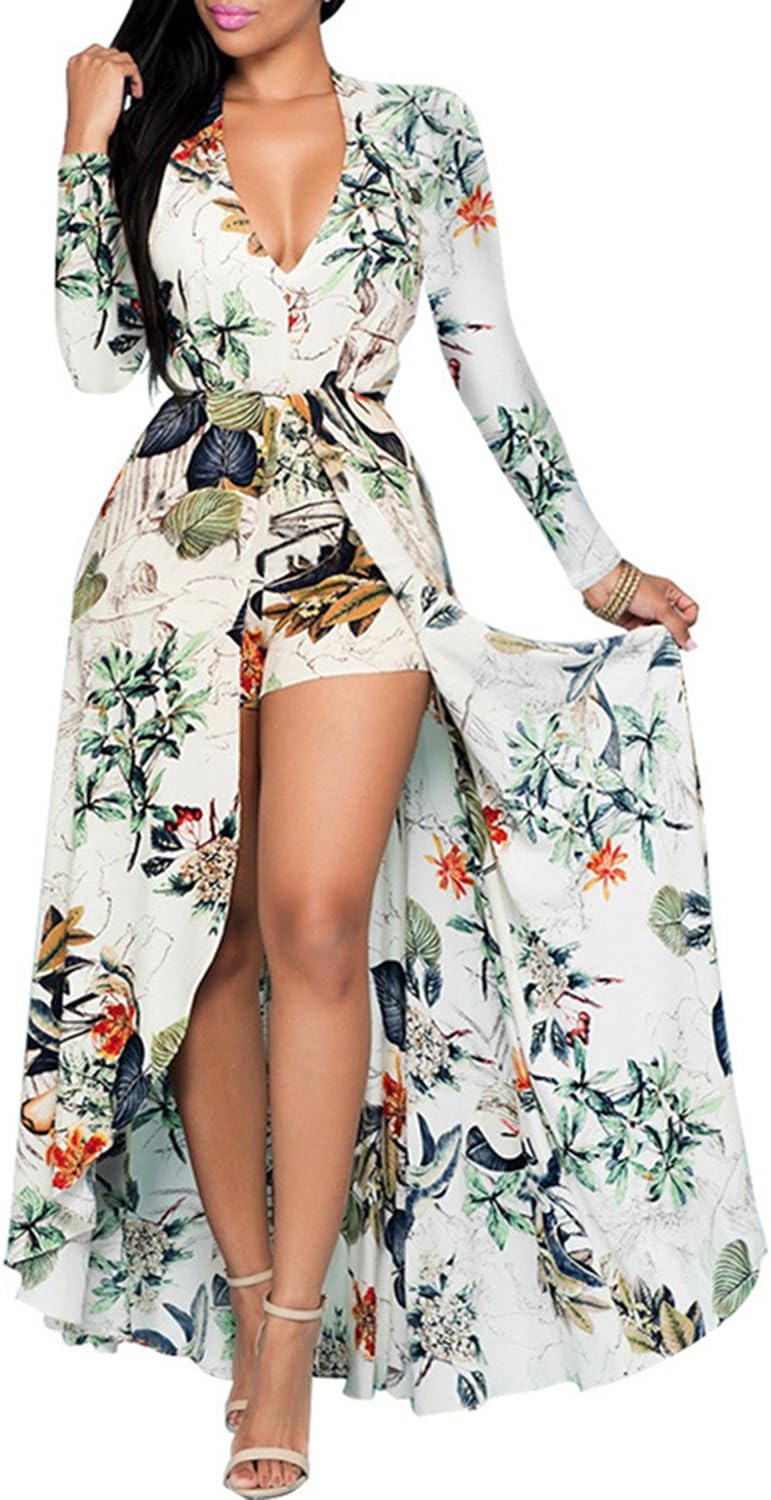 Dellytop Women V Neck Floral Print Chiffon Maxi Dress Overlay Romper Jumpsuit