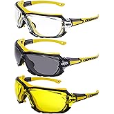 Global Vision 3 Pairs Octane Motorcycle Sunglasses Riding Glasses for Men or Women Z87.1 Anti fog One-Piece Lens w/Removable Gasket in Clear Smoke & Yellow Lenses