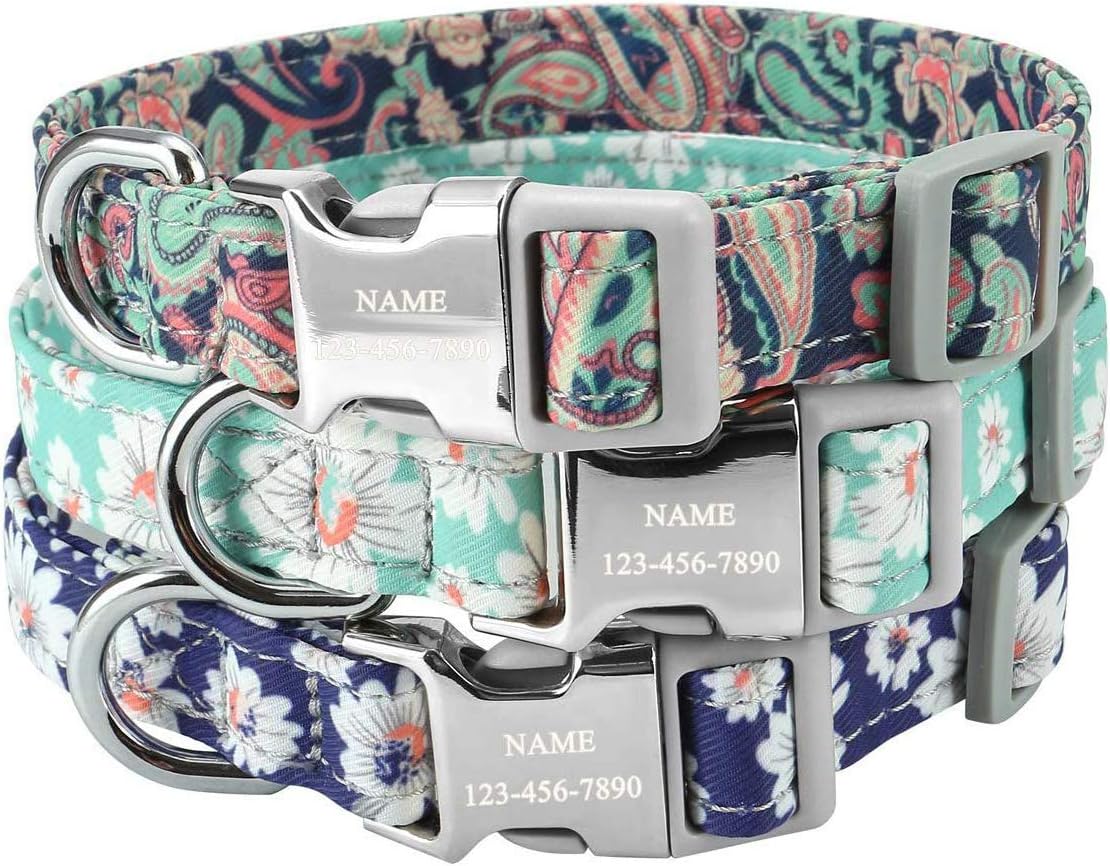Mogokoyo Custom Engraved Floral Dog Collar, Personalized ID Name/Phone/Address Engraved Puppy Pet Collars with Metal Buckle for Small Medium Large Dogs(S Size, Blue)