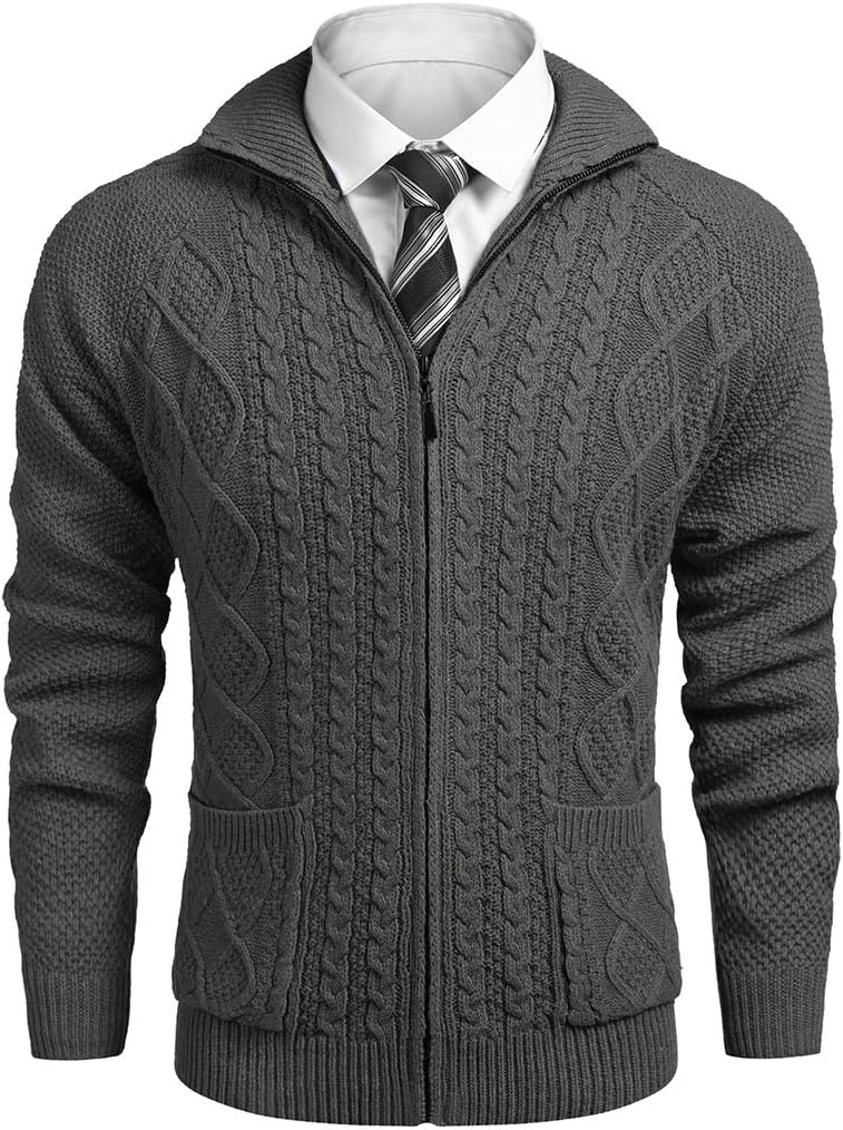 COOFANDY Men's Full Zip Cardigan Sweater Slim Fit Stand Collar Cotton Cable Knitted Sweater