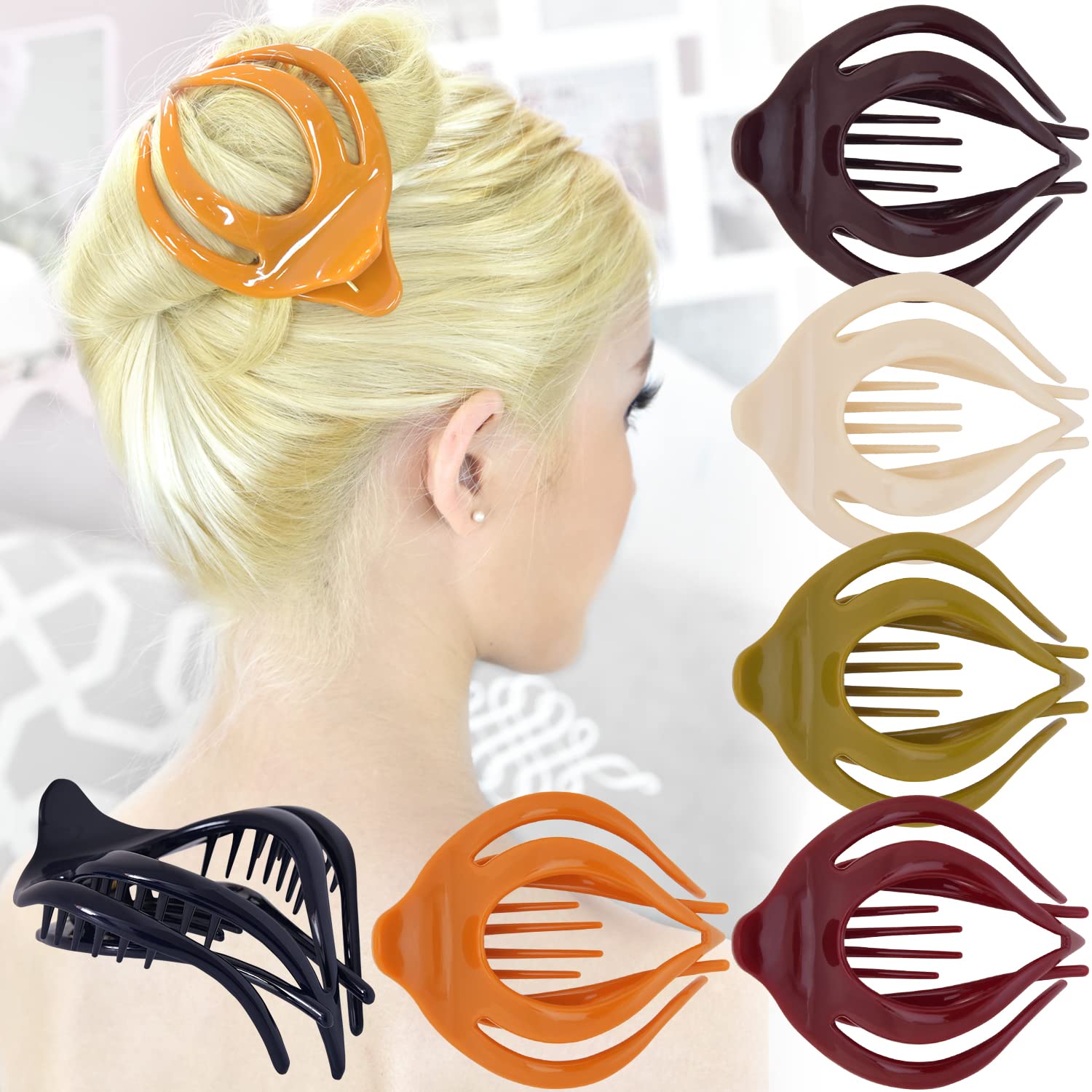 RC ROCHE ORNAMENT 6 Pcs Womens Clutcher Cute Curvaceous Hollow Banyan Leaf French Eyelet Lightweight Strong Firm Claw Clamp Comb Premium Fashion Accessory Hair Clip, Medium Classic Multicolor