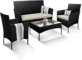 KEPLIN Rattan Garden Furniture Set - Sofa, 2 Chairs & Coffee Table - Black
