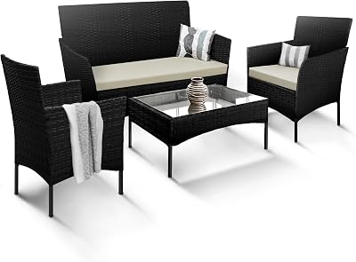KEPLIN Rattan Garden Furniture Set - Sofa, 2 Chairs & Coffee Table - Black