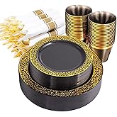 NOCCUR 210pcs Black and Gold Dinnerware Set - Black Disposable Plates and Napkins Party Supplies Include 60 Dinner/Dessert Plates, 30 Prerolled Plastic Cutlery&30 Cups for Party/Birthday/New Year