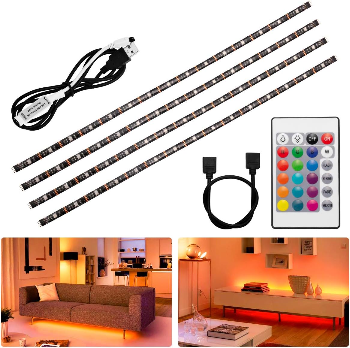 LED TV Backlights, Fulighture LED Light Strip with Remote Control, 16 Colors and 6 Dynamic Mode, Dimmable RGB Mood Lights, USB Powered TV, PC Monitor, Computer(4 x 50cm)