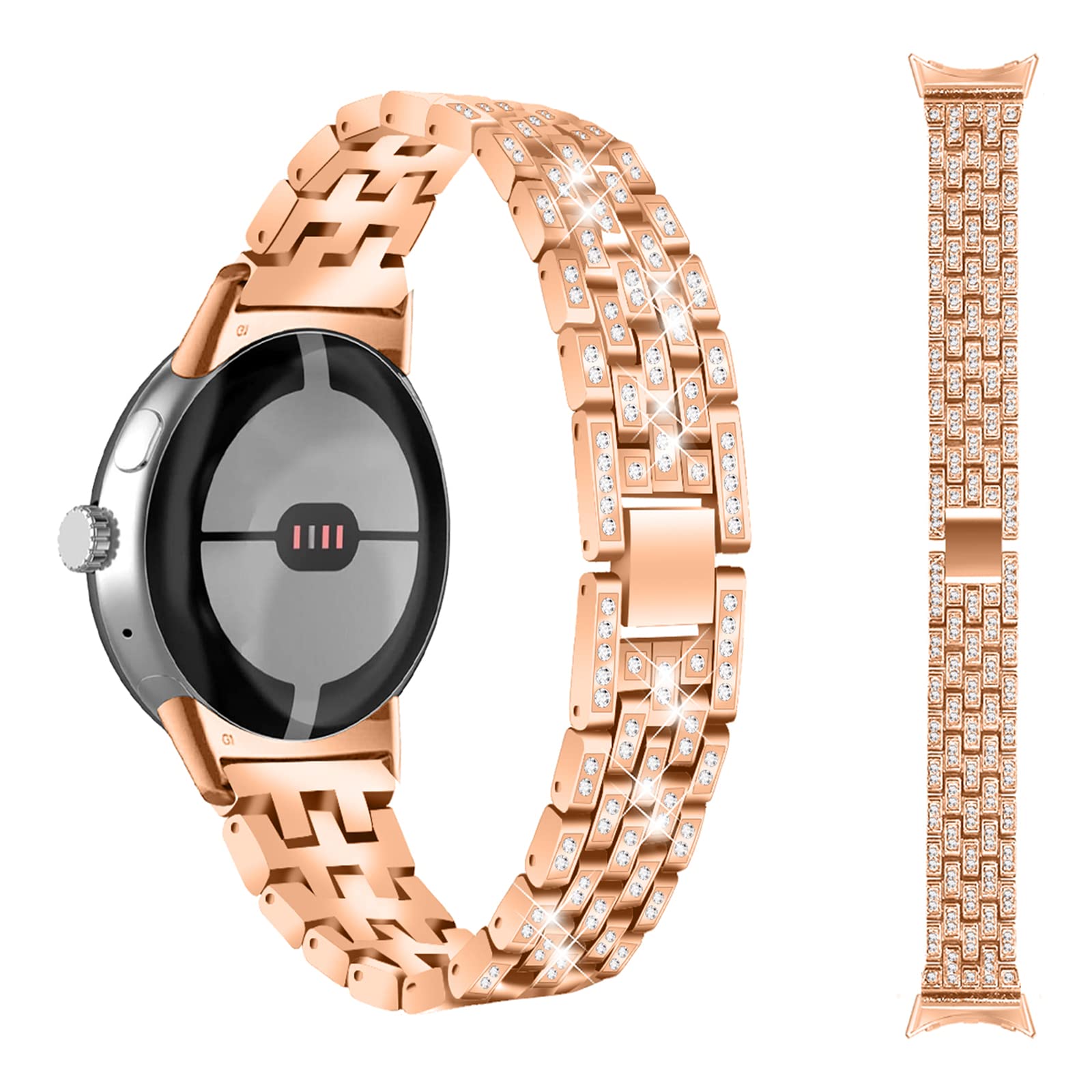 Miimall Compatible with Google Pixel Watch Metal Strap, Bling Diamond Rhinestone Stainless Steel Bracelet Band Women Adjustable Replacement Strap Wristband - Rosegold