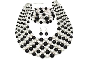 JNF Large Faux Pearl Necklaces for Women Multi strand Pearl Necklace Bracelet and Earrings Set Costume Pearls Necklace Jewelry Ladies
