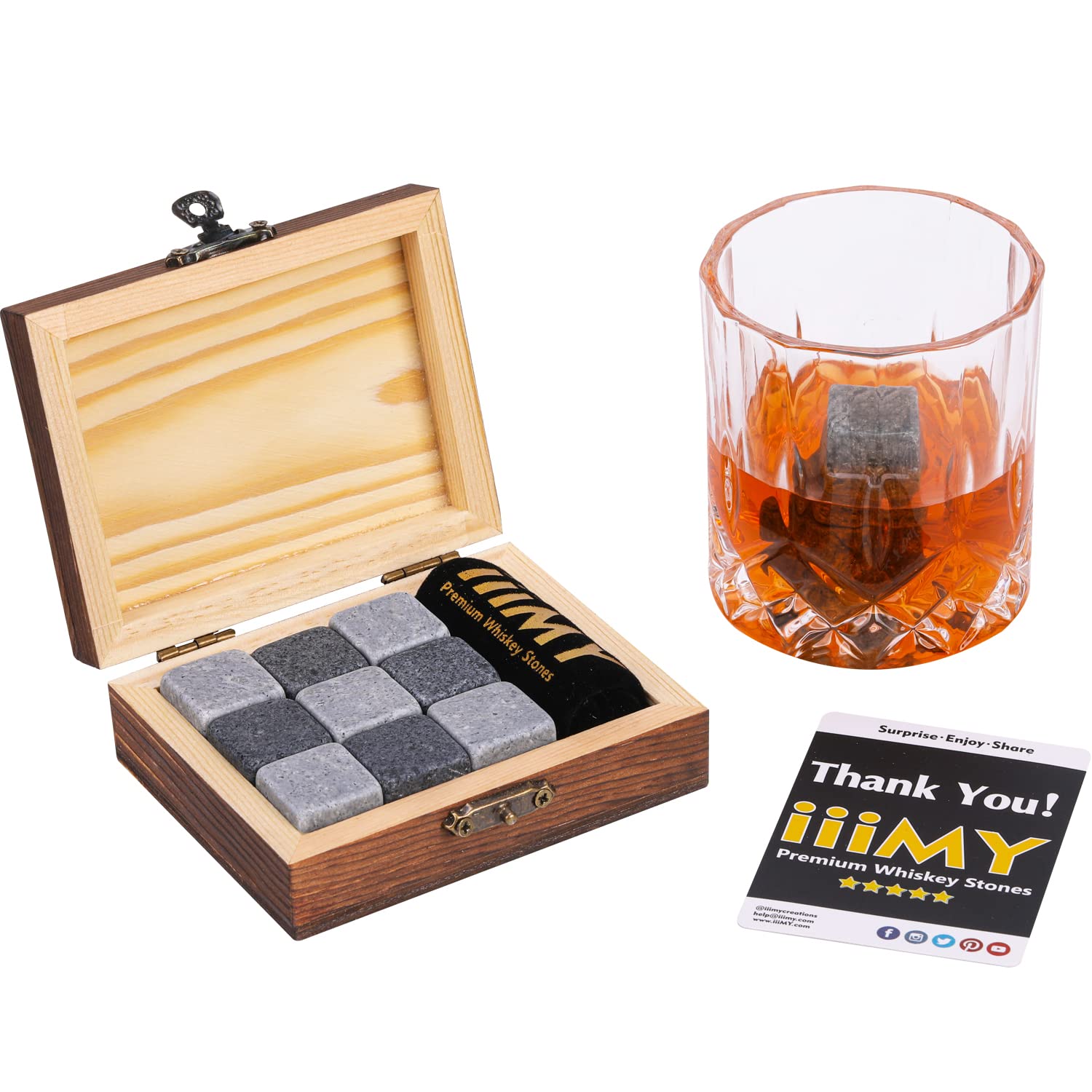iiiMY Whisky Stones Gift Set of 9 Natural Soapstone and Granite Chilling Rocks with Stylish Wooden Box and Free Velvet Pouch - Christmas, Birthday, for Men
