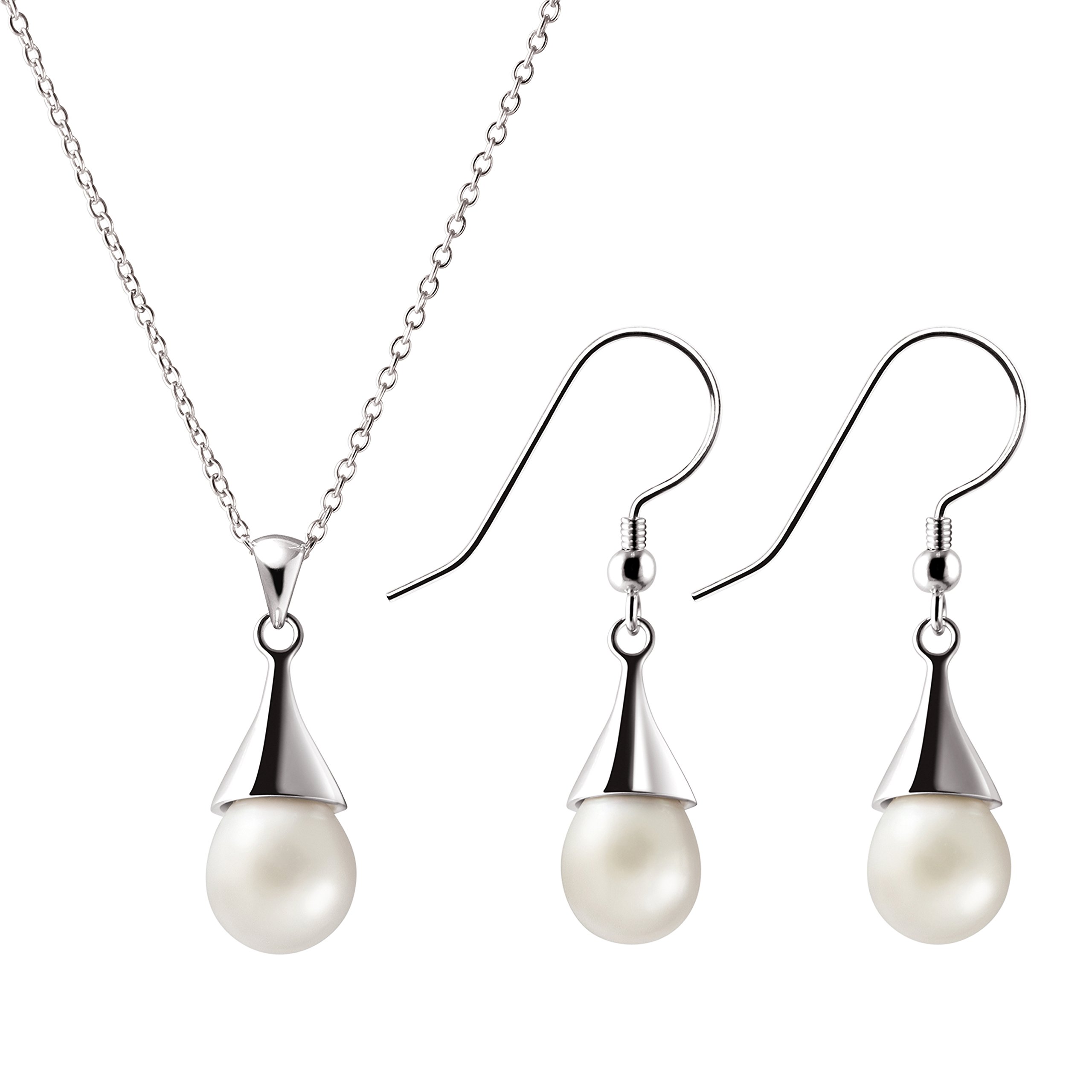 Franki Baker 925 Sterling Silver Set, White Natural Pearl Pendant, Necklace & Earrings. Necklace Length: 55cm. Earring Length: 3.5cm