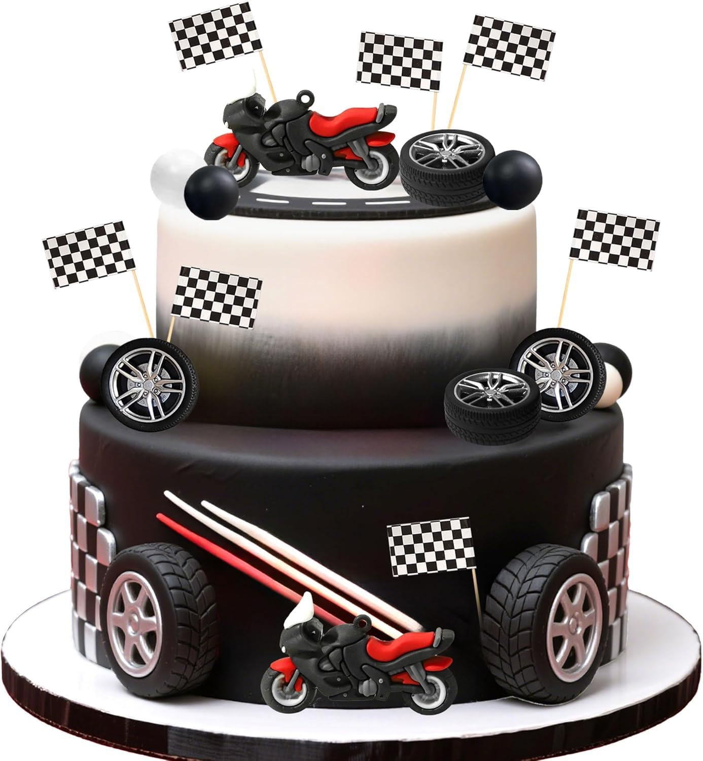 Toyhood 28pcs Red Racing Themed Birthday Cake Toppers, Mini Black Ball Vintage Wheel Tire Cake Decoration, Black and White Checkered Grid Flag, for Race Party Birthday Decorations