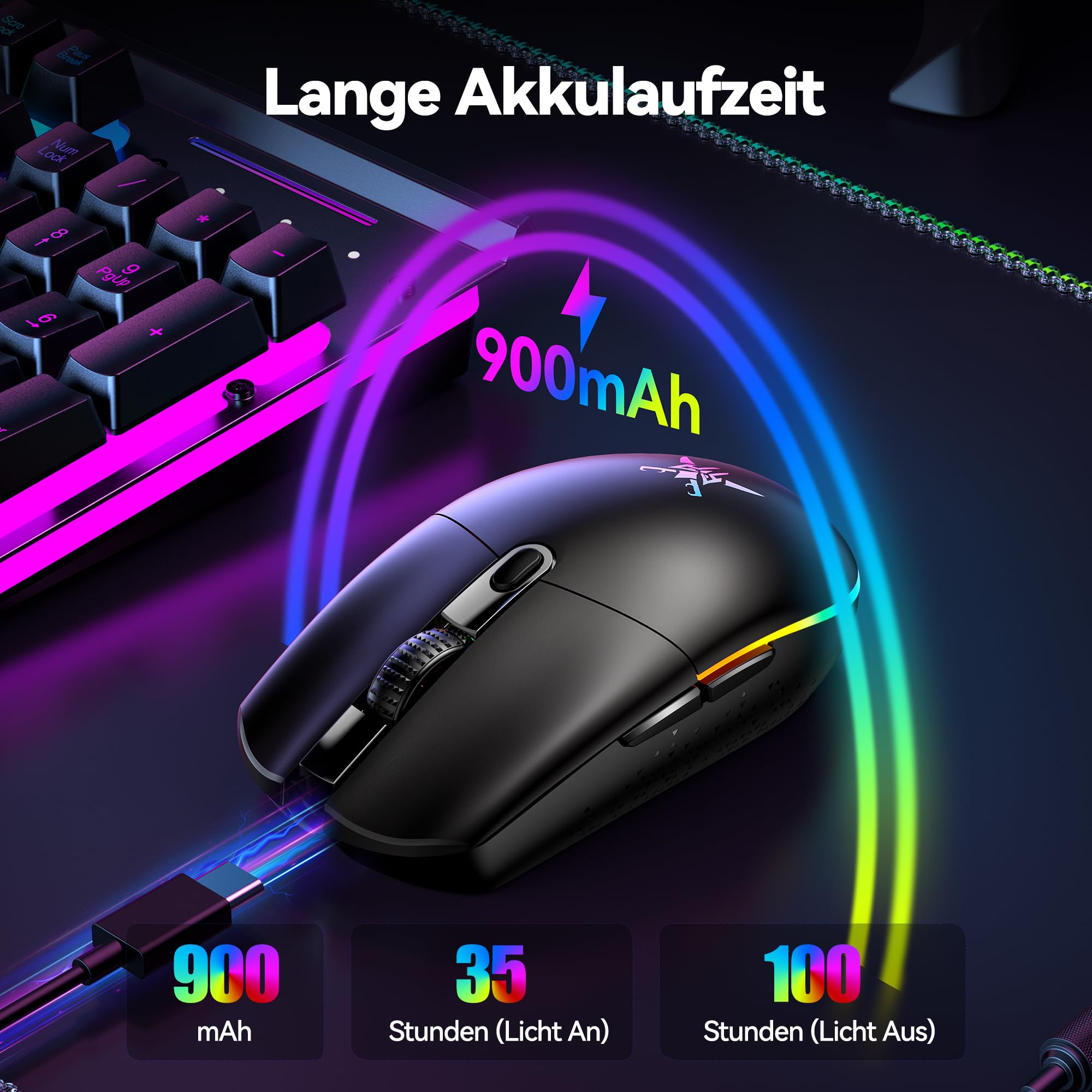 TECKNET Kabellose Gaming-Maus, RGB 2.4G/USB-C Kabelgebundene Gaming-Maus, 8000 DPI Wiederaufladbar, PC Gaming Mouse mit Programmierbaren Tasten, 72g Ultraleicht Maus für Windows XP/11/10/8/7 usw 3