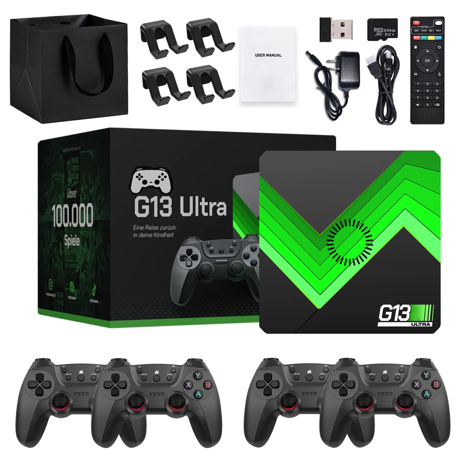 Ruileyou Retrowave G13 Ultra 100,000 Games, G13 Pro Game Box 4K, Plug and Play Video Game Console, Einschließlich Deutsch und Anderer Sprachen, Experience Childhood (64G (4 Gamecontroller))