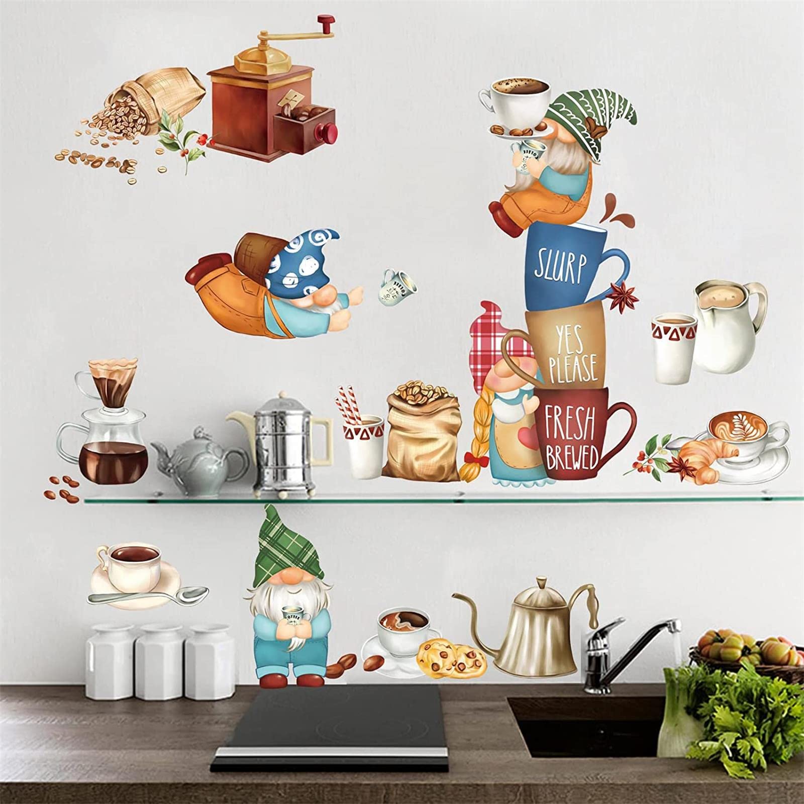 decalmile Kitchen Gnome Wall Decals Coffee Tea Cup Wall Stickers Living Room Dining Room Cafe Wall Decor