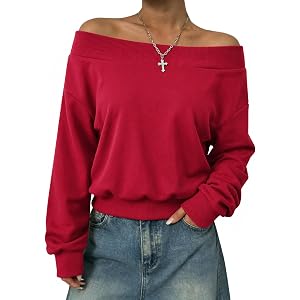 Remidoo Women's Off Shoulder Sweatshirt Loose Long Sleeve Pullover Top | Fold-Over Neck, Wide Ribbed Neckline Create Off Shou