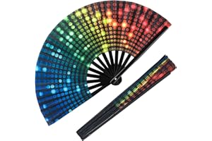 ERDOGLY Large Folding Hand Rave Fan for Women Men, Chinease/ Japanese Bamboo Folding Handheld Fan, Festival Gift Fan Colorful Clack Fan for Dance, Performance, Decoration, Music Festival Outfits Accessories