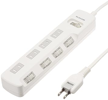 【クリックで詳細表示】ELECOM 電源タップ 雷ガード 省エネ 一括＆個別スイッチ ホコリシャッター付 4個口 5m ホワイト T-K05-2450WH