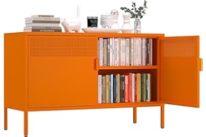 XIUSVON Orange Metal Storage Cabinet,2 Door TV Stand, Metal Mesh Accent Cabinet,Magnetic Door Closure,Low Storage Cabinets with Doors and Shelf for Home,Office,Living Room
