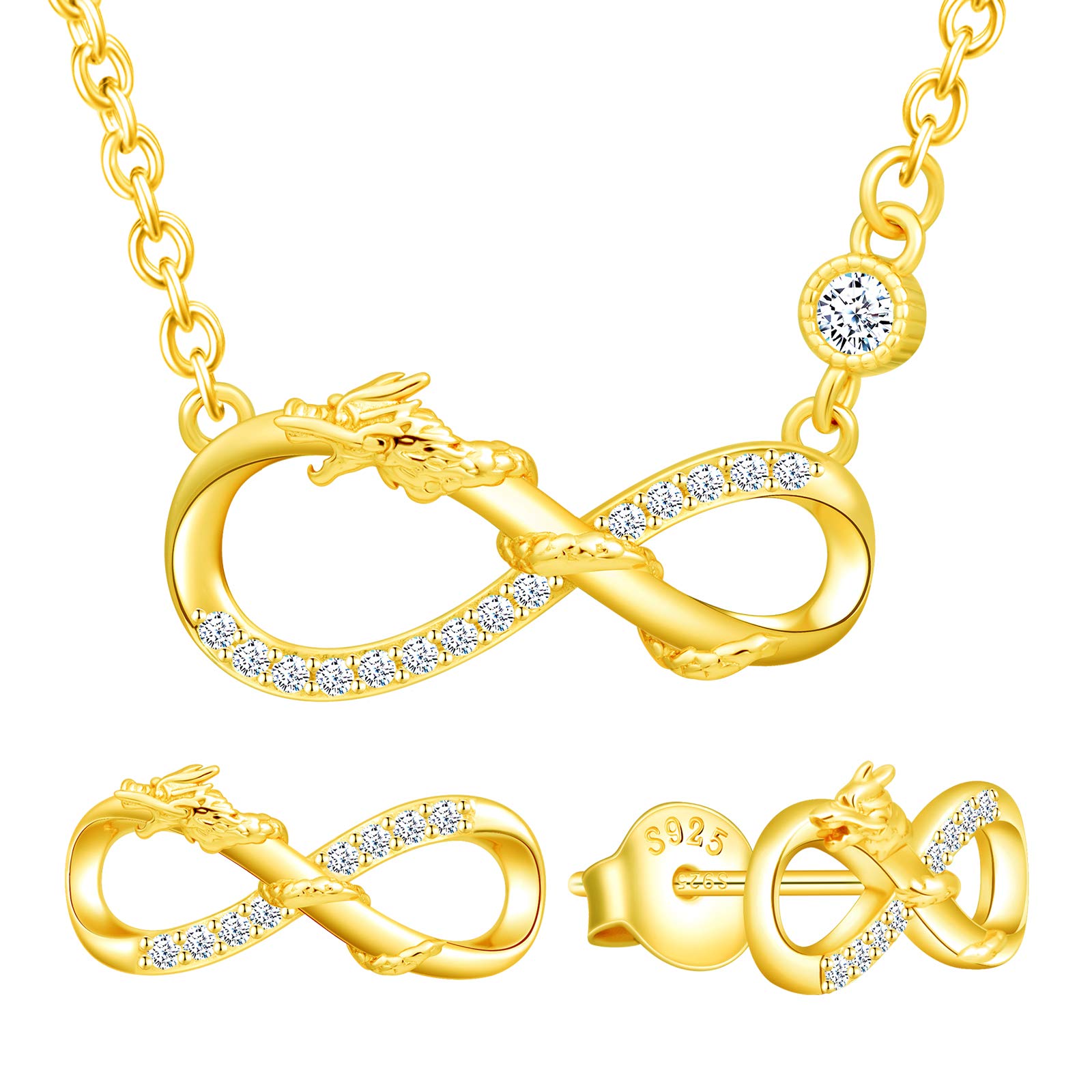 Yumilok Infinity Dragon Jewelry Set, 925 Sterling Silver Earrings Necklace for Women