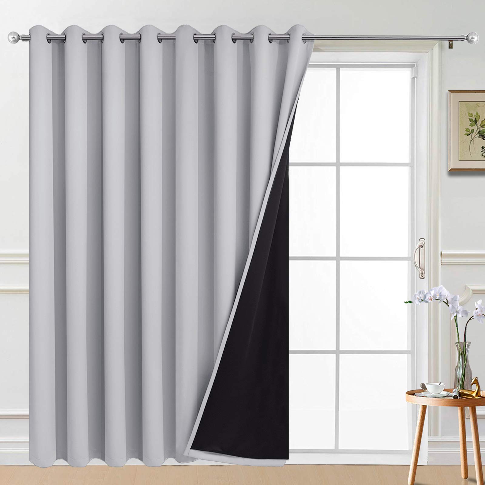Photo 1 of Yakamok Extra Wide 100% Blackout Curtains for Patio Door, Thermal Backing Sliding Glass Door Drape, Privacy Assured Window Treatment for Sliding Door Curtains, Light Grey, W100 x L96, 1 Panel