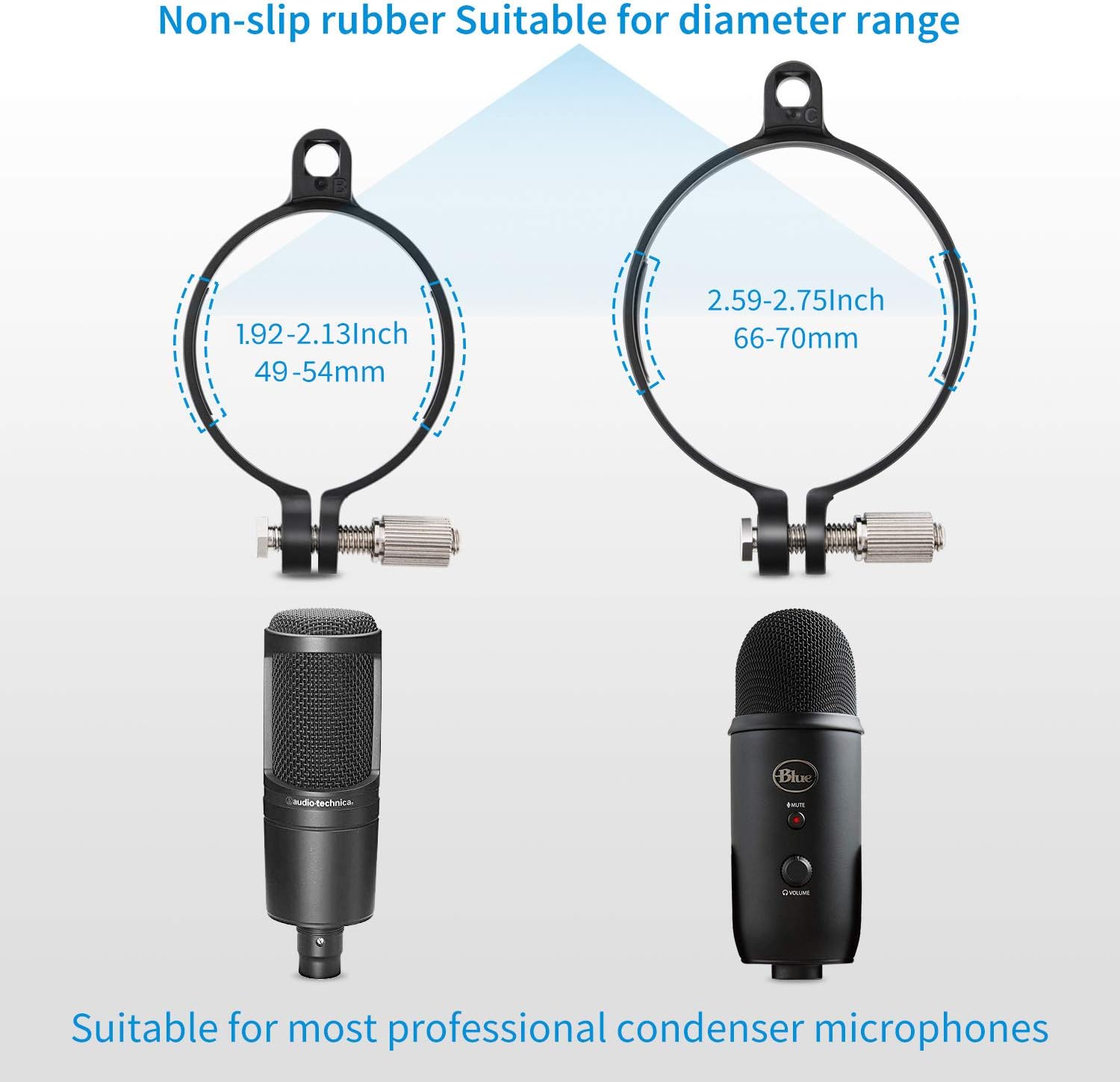 Moukey Microphone Shock Mount with Metal Pop Filter, Compatible with 49mm-54mm Diameter Mic AT2020 /AT2020USB Except Blue Yeti, Anti-Vibration Suspension Shock Mount with Screw Adapter: Musical Instruments